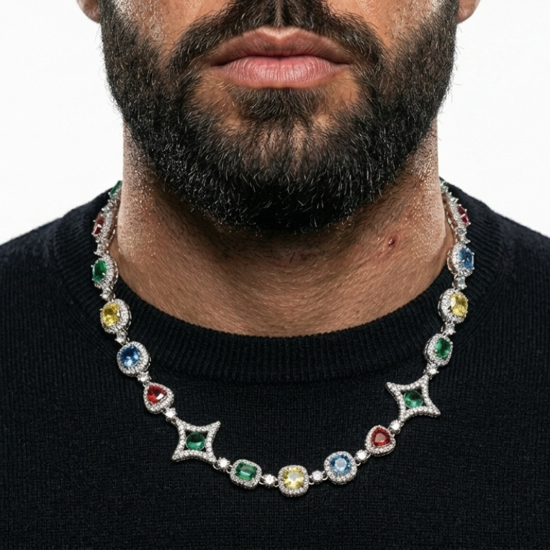 Collier iced out plaqué or blanc avec pierres cristal pour homme